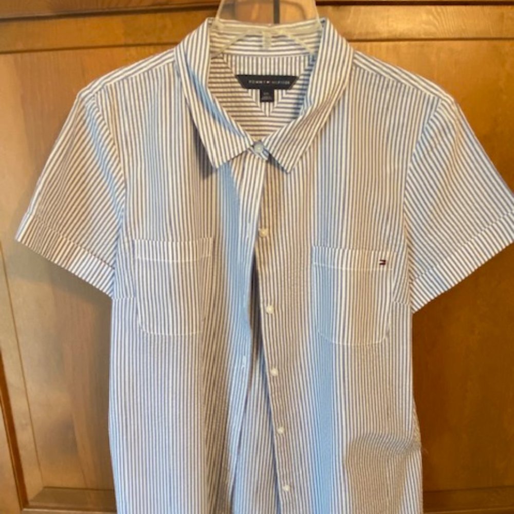 Tommy Hilfiger Women's Short Sleeve Shirt Gray Stripes Size Large